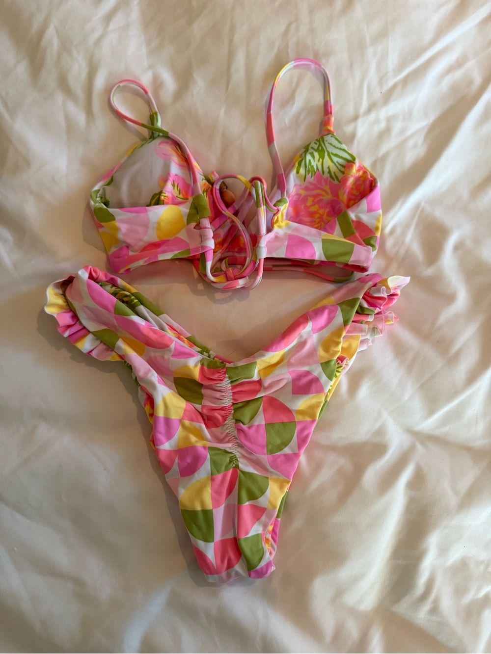 Maaji Reversible Pink Multi-Color Geometric Ruffle Bikini - Picture 3 of 3